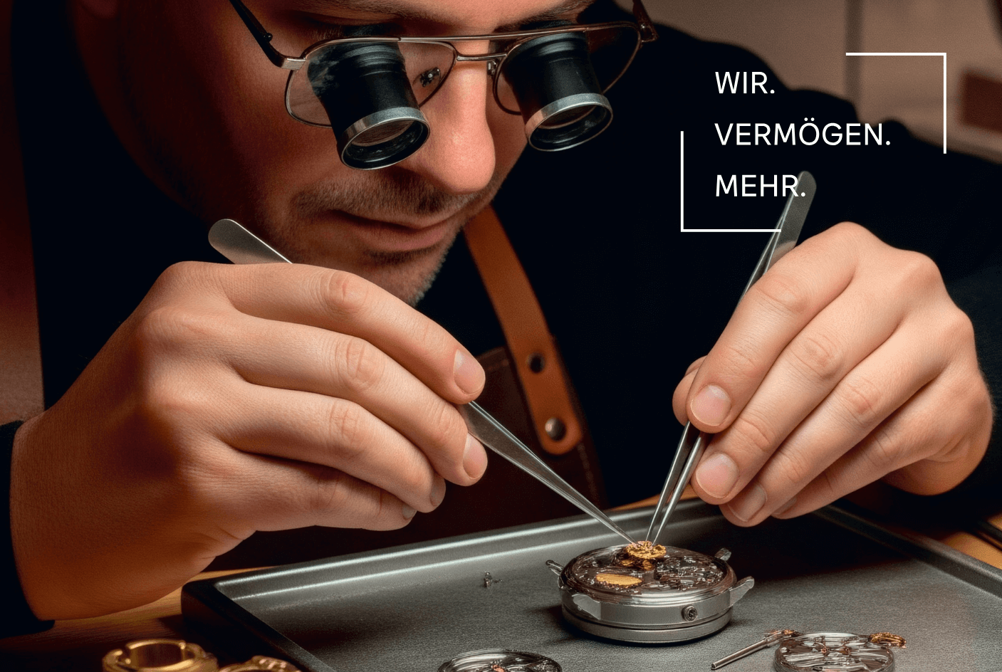 Ein Uhrmacher repariert eine mechanische Uhr mit Uhrmacherwerkzeug.